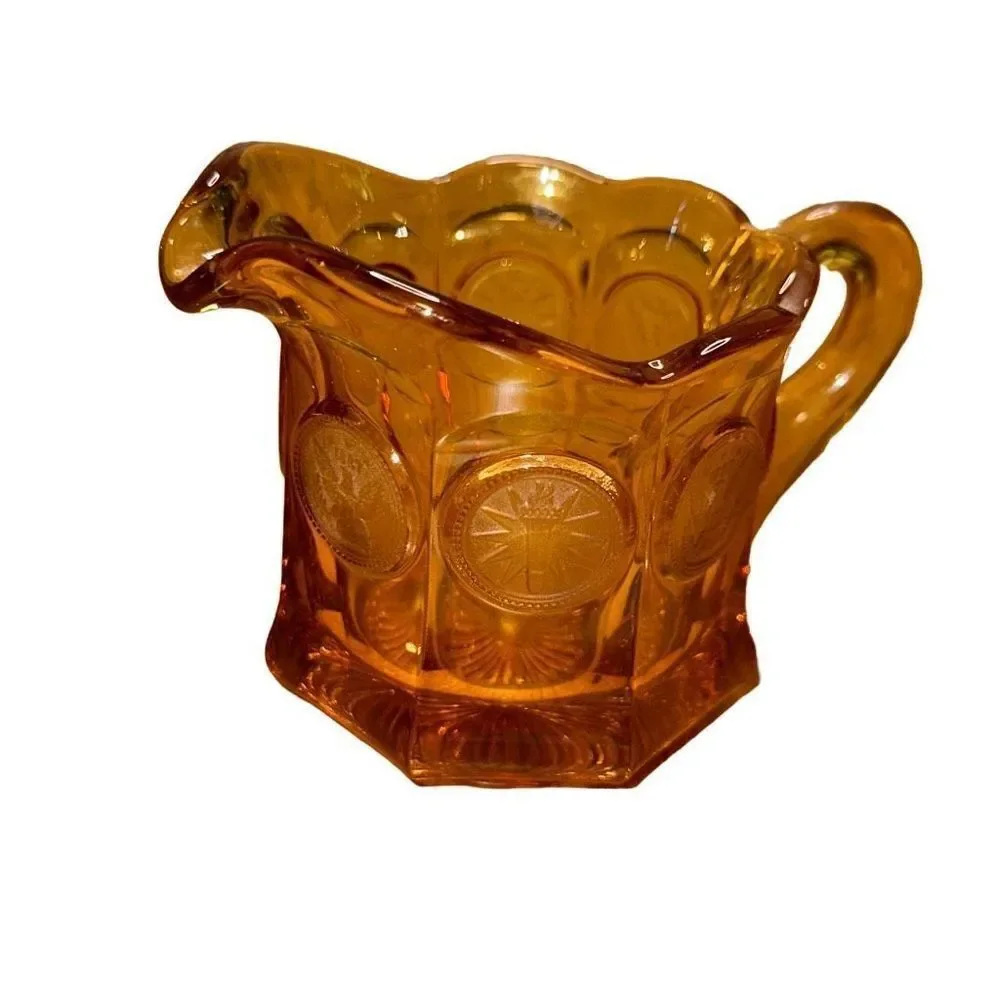 Vintage Amber Fostoria Coin Glass Creamer Pitcher 1887 Over Eagle accent